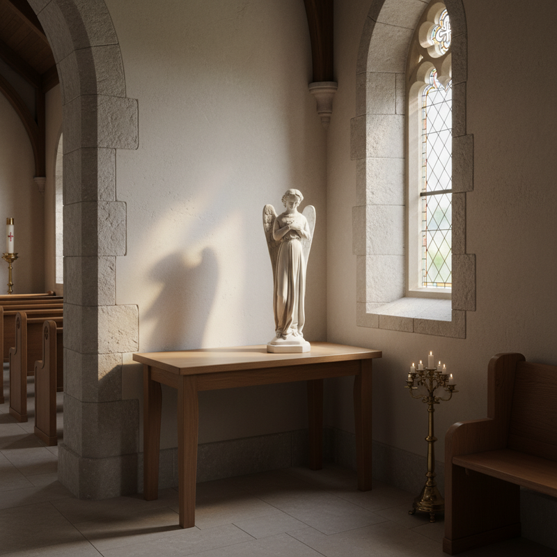 Angel statue with folded hands, flowing robes, and detailed wings in an old world European classical style. Side Angle