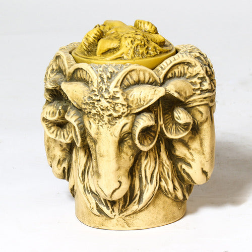 Ram head planter with ornate, old world European design, featuring classical sculpted details and Baroque-inspired decorative elements. Different Angle