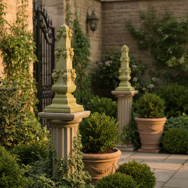 Ornate old world European pedestal with classical lion head motifs and weathered, moss-accented Baroque architectural details. Side Angle