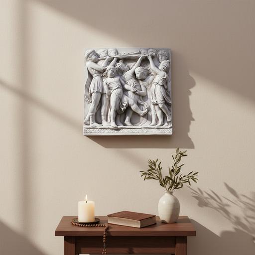 Classical Greek-style relief sculpture depicting six figures in flowing robes engaged in a dynamic, ceremonial scene. Side Angle