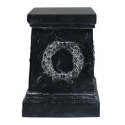 Square pedestal with ornate classical wreath relief, featuring old world European and Baroque-inspired architectural detailing. Side View