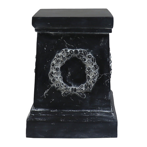 Square pedestal with ornate classical wreath relief, featuring old world European and Baroque-inspired architectural detailing. Side View