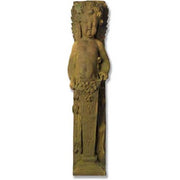 Cherub statue with ornate Baroque detailing, classical pedestal, and intricate floral and leaf motifs in old world European style.