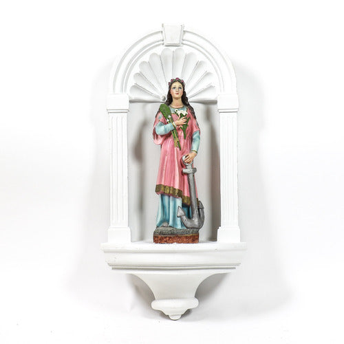 Saint statue in classical niche with ornate arch, old world European style, featuring Renaissance and Baroque detailing. Side View