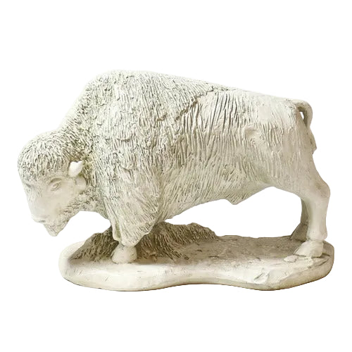 Buffalo sculpture with detailed fur texture, classical old world European style, standing on an ornate base Side View