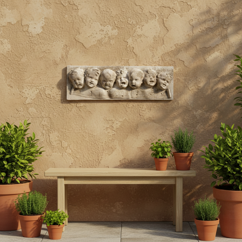 Baroque-style sculpted relief of seven cherubic faces with expressive features in an ornate, old world European design. Side Angle