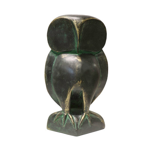 Owl sculpture with simplified, classical lines and subtle old world European influence, featuring stylized, rounded features. Side View