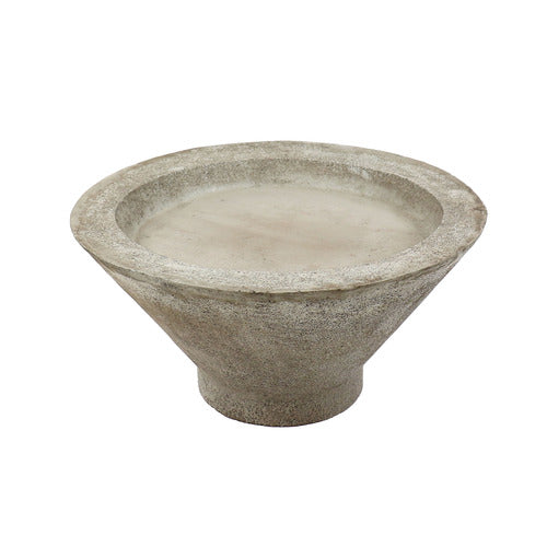 Wide, shallow bowl with a flared rim and tapered base, featuring an old world European, classical architectural style.