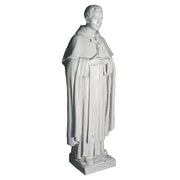Saint statue in classical old world European style, featuring ornate robes and a rosary, standing in a reverent pose. Side View