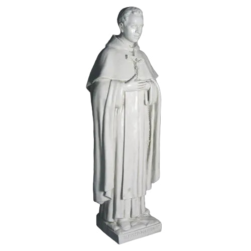 Saint statue in classical old world European style, featuring ornate robes and a rosary, standing in a reverent pose. Side View