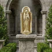 Madonna and Child statue in old world European style with ornate, classical detailing and arched Gothic-inspired backdrop. Side Angle