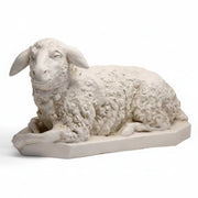 Resting lamb sculpture with curled fleece, classical old world European style, featuring gentle expression and ornate detailing.