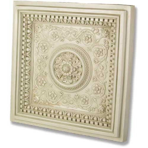 Ornate square wall panel with classical Baroque floral medallion and intricate old world European scrollwork border. Side View