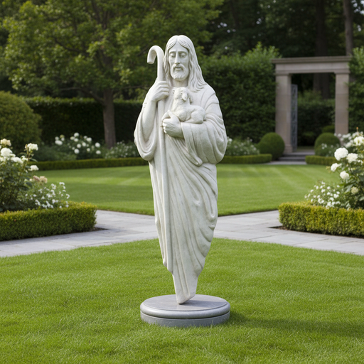 Shepherd statue in classical old world European style, holding a lamb and staff, featuring flowing robes and serene facial expression. Side Angle