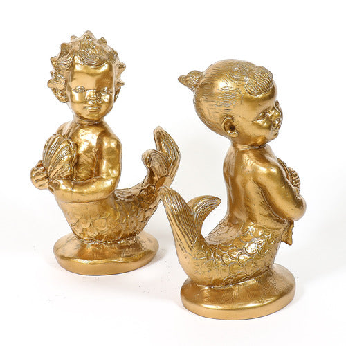 Pair of ornate, old world European mermaid figurines with classical detailing and Baroque-inspired sculpted features. Side View