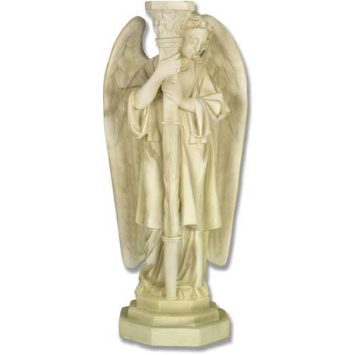 Angel statue holding a tall candlestick, featuring flowing robes and large wings in an ornate, old world European classical style.