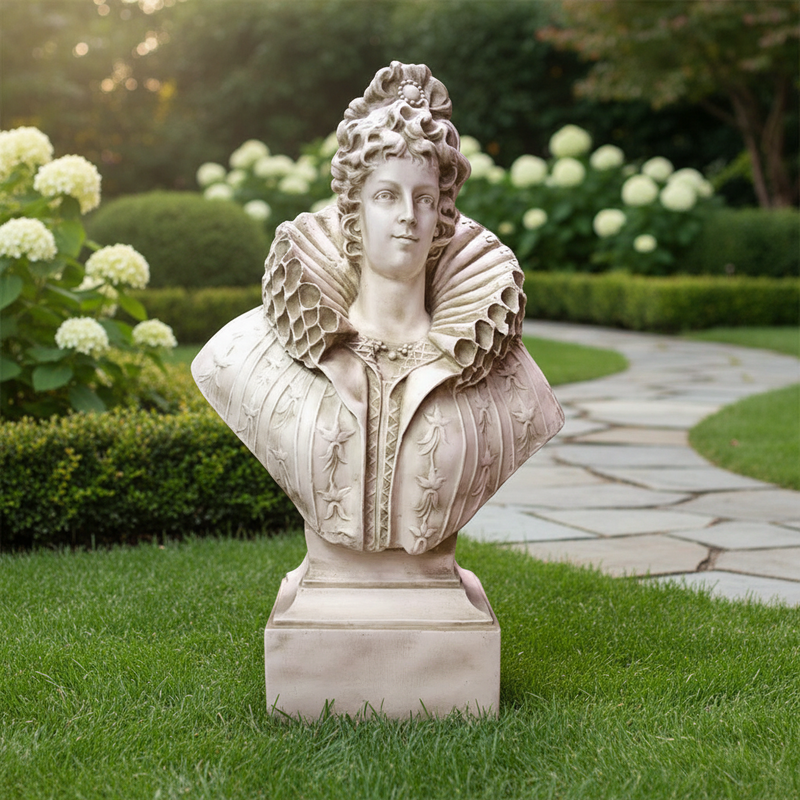 Baroque-style bust of a noblewoman with ornate ruffled collar, classical facial features, and intricate old world European detailing. Side Angle