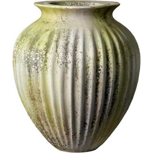 Ornate old world European vase with vertical fluted detailing and weathered, classical Renaissance-inspired design.