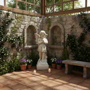Cherub statue with folded hands, ornate wings, and classical old world European detailing in a serene, prayerful pose. Side Angle