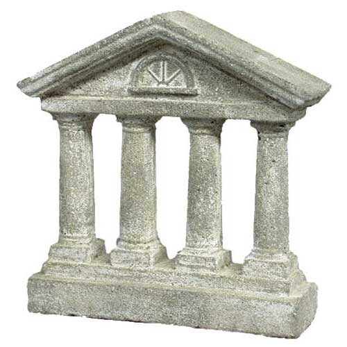 Classical Greek miniature temple with four columns, ornate pediment, and old world European architectural details.