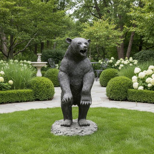 Standing bear sculpture with medieval European style, featuring ornate fur texture and expressive, classical detailing. Side Angle