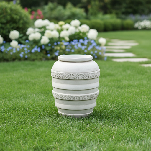 Ornate old world European vase with classical rounded form and intricate Renaissance-inspired banded detailing. Side Angle