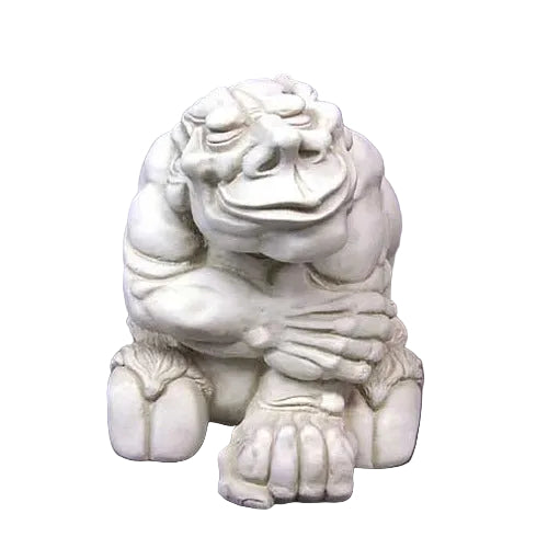 Grotesque gargoyle statue with exaggerated features in a crouching pose, inspired by medieval Gothic architectural style.