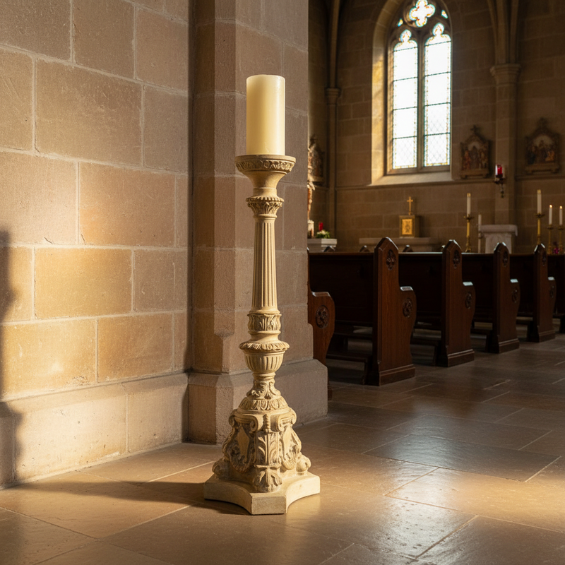 Ornate Baroque candlestick holder with fluted column, classical detailing, and intricate old world European base design. Side Angle
