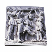 Classical Greek-style relief sculpture depicting six figures in flowing robes engaged in a dynamic, ceremonial scene. Side View