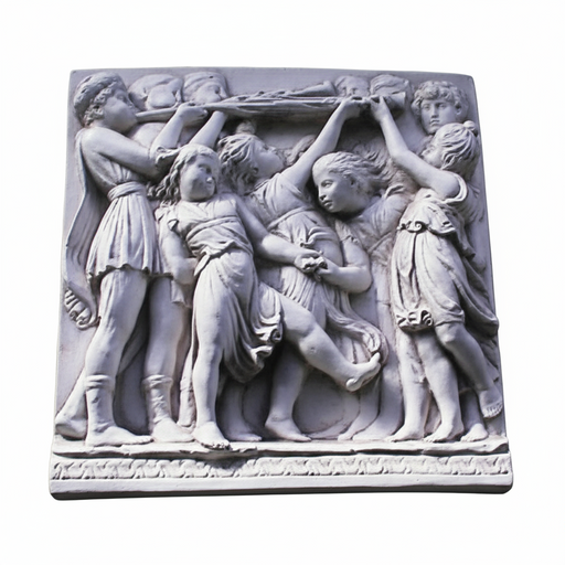 Classical Greek-style relief sculpture depicting six figures in flowing robes engaged in a dynamic, ceremonial scene. Side View