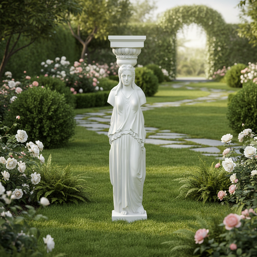 Caryatid column statue with classical Greek drapery and ornate Corinthian capital in old world European style Side Angle