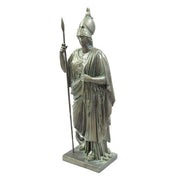 Classical Greek warrior goddess statue in ornate armor and helmet, holding a spear, featuring detailed drapery and intricate embellishments. Side View