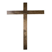 Wooden cross with simple, rustic design, featuring straight lines and old world European, medieval-inspired craftsmanship.