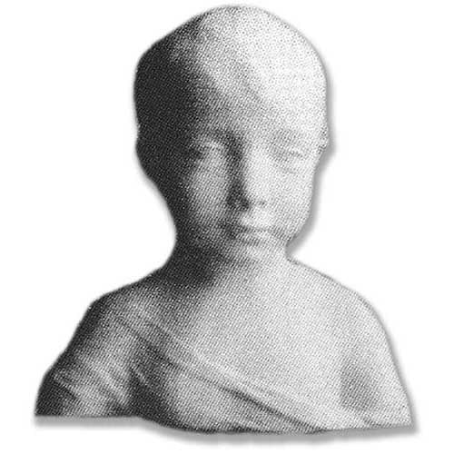 Classical Renaissance-style bust of a young child with draped garment and serene expression, featuring soft, sculpted details.