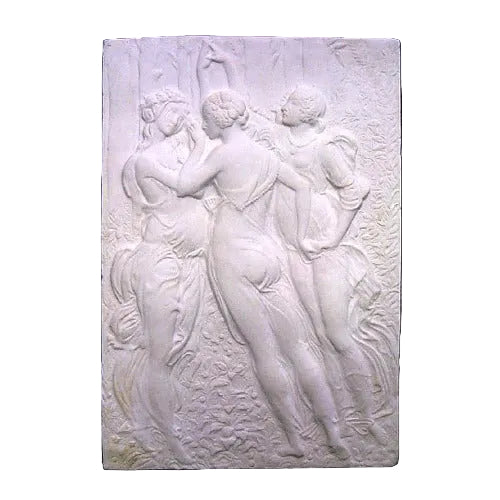 Classical bas-relief panel depicting three women in flowing robes, inspired by Renaissance and old world European artistry.