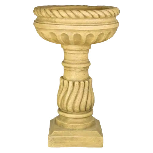 Ornate pedestal birdbath with classical old world European design, featuring fluted column and rope detailing on the rim.