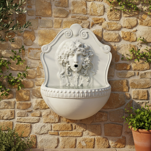 Wall fountain with ornate classical face relief, old world European style, featuring intricate Baroque and Renaissance detailing. Side Angle