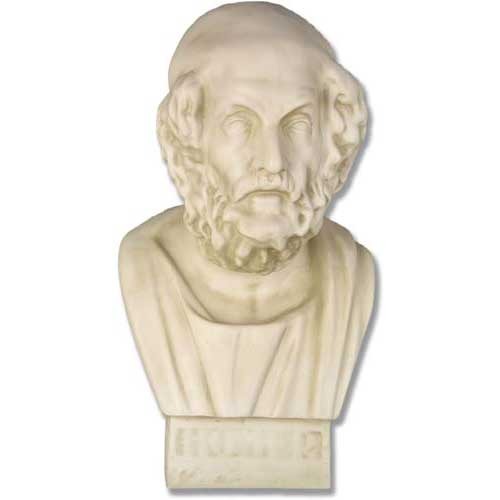 Classical Greek bust sculpture featuring a bearded man with detailed facial features and draped garment in an old world European style.