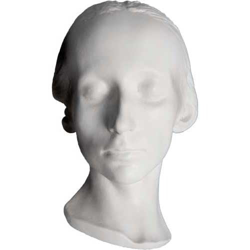 Classical European sculpted head with closed eyes, serene expression, and smooth, Renaissance-inspired features.