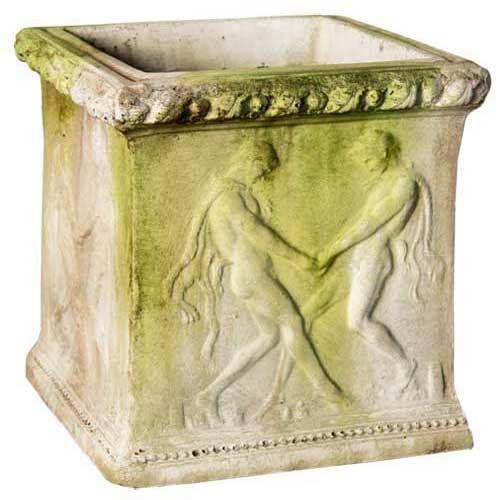 Square planter with classical relief of two figures in a Renaissance style, featuring ornate old world European detailing along the rim.