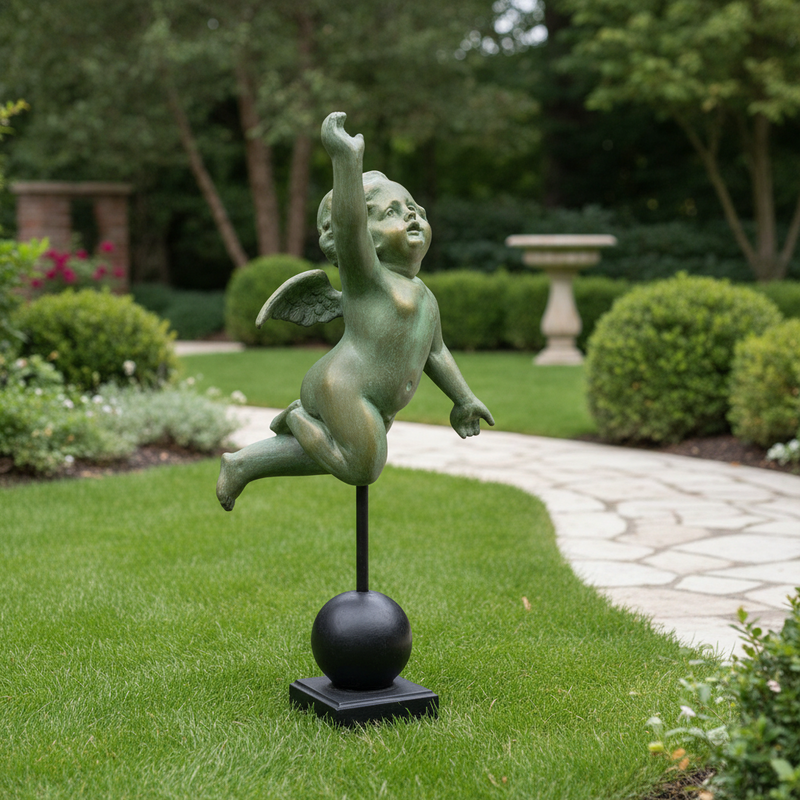 Baroque-style cherub statue with wings, depicted mid-flight on a pedestal, featuring ornate classical detailing. Side Angle