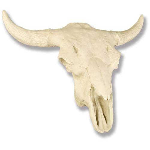 Bull skull with prominent curved horns, featuring rugged, old world European and medieval-inspired decorative style.