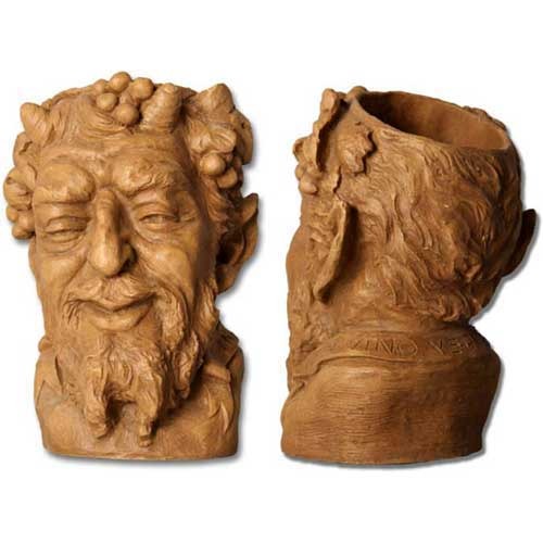 Satyr head planter with classical old world European style, featuring ornate facial details, grapevine accents, and Renaissance influence.