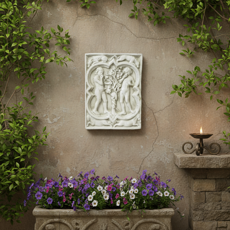 Adam and Eve in a classical relief panel with ornate old world European detailing and medieval Gothic motifs featuring animals and foliage. Side Angle
