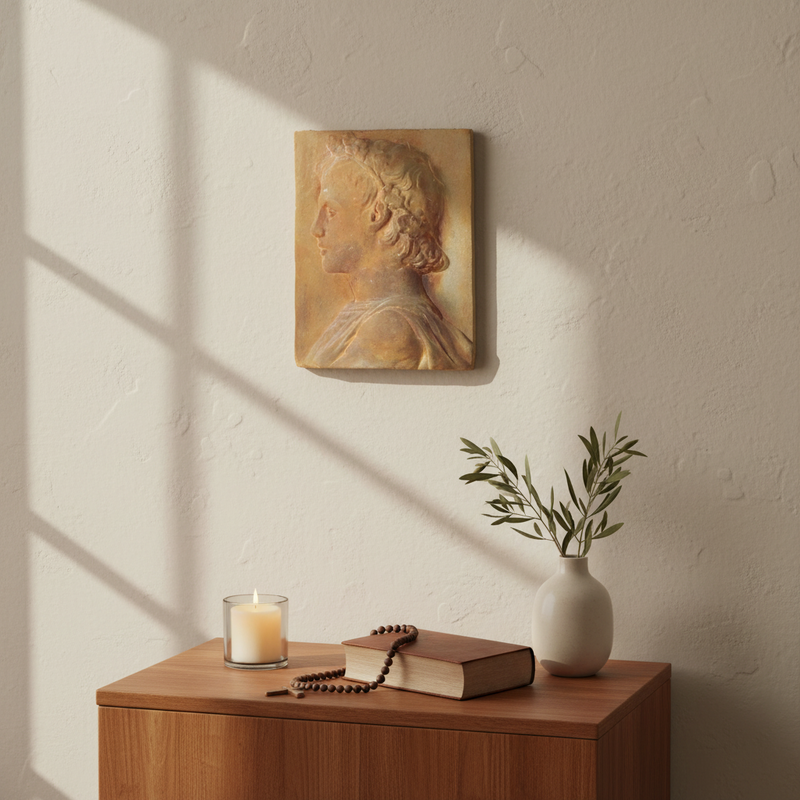 Classical relief plaque featuring a profile of a laurel-crowned figure in old world European Renaissance style. Side Angle