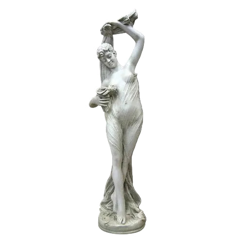 Classical Greek-style female statue with ornate drapery, standing in a graceful pose with arms raised and detailed facial features.