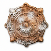 Ornate Baroque ceiling medallion with intricate floral scrollwork and classical old world European detailing. Side View
