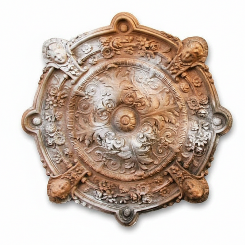 Ornate Baroque ceiling medallion with intricate floral scrollwork and classical old world European detailing. Side View