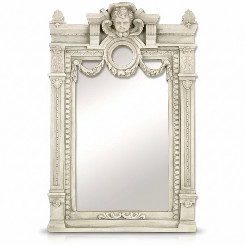 Ornate Baroque mirror with classical cherub crest, decorative swags, and intricate old world European architectural detailing. Side View