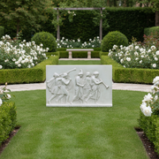 Classical Greek-style relief depicting five musicians in ornate ancient attire playing instruments in a ceremonial procession. Side Angle